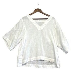Roller Rabbit Womens Top Sz L White 100% Linen VNeck Blouse Lagenlook Minimalist